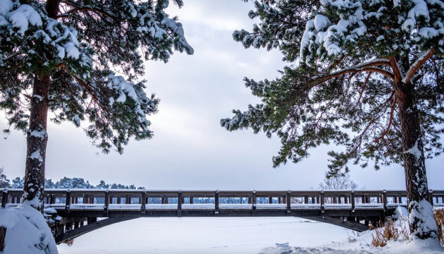 Snowy bridge winter landscape pine tree forest frozen lake overcast sky tranquil nature scenic view wooden railing