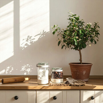 Sunlit indoor still life with potted flowering tree, glass jar, spice container, rolling pin, and textured cloth on wooden cabinet