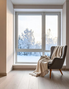 Winter window with snowy tree view, upholstered armchair and warm knitted blanket create peaceful Scandinavian interior