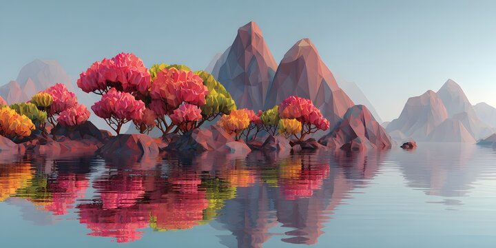 Low poly mountain landscape with colorful autumn trees reflected in calm water