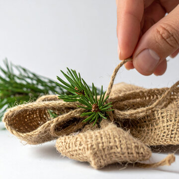 Hand wrapping rustic burlap fabric and pine sprig with natural jute twine for festive Christmas decoration, evoking warmth, craft, sustainability, and seasonal gift presentation