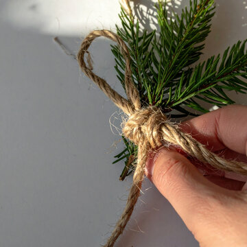 Pine branch jute twine hand Christmas decoration rustic craft natural material