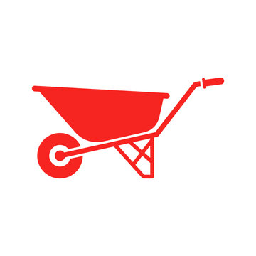vector Red wheelbarrow icon on a plain background, simple graphic representation of a garden tool for carrying materials on transparent background