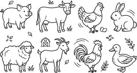 Obraz premium Cute Farm Animals Line Icon Set with Cow, Pig, Chicken, Sheep, and Goat Symbols for Kids Coloring Books, Educational Designs, and Agriculture Logos