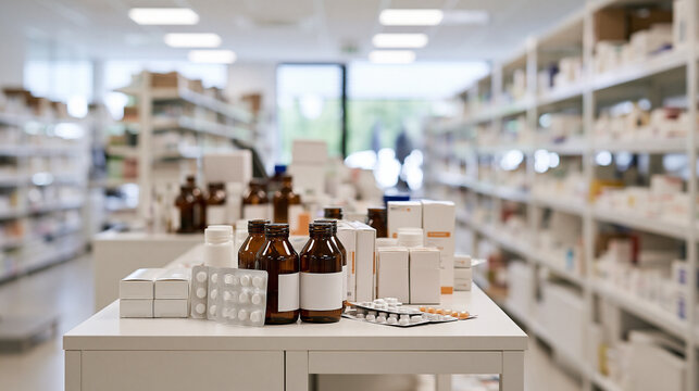 Medicine Bottles and Tablet Packs Displayed on a Pharmacy Counter