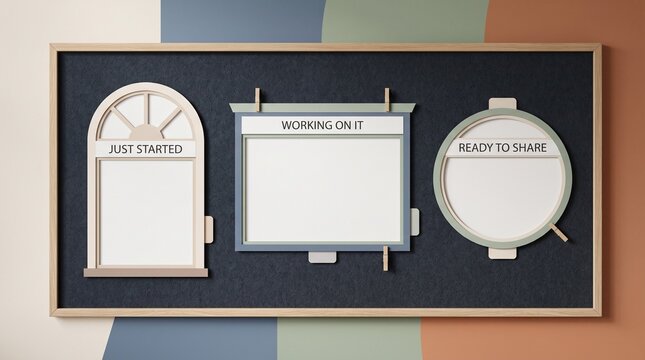 Dark corkboard displaying three distinct papercraft architectural frame sculptures with text labels papercraft sculpture bulletin board paper art just started office supplies