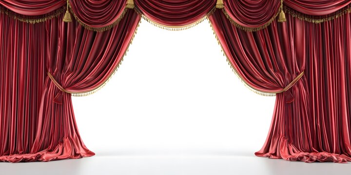Luxurious red velvet theater curtains with golden tassels framing an empty white background