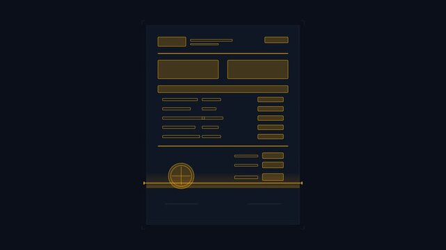 Futuristic document scanning and parsing animation with glowing data interface