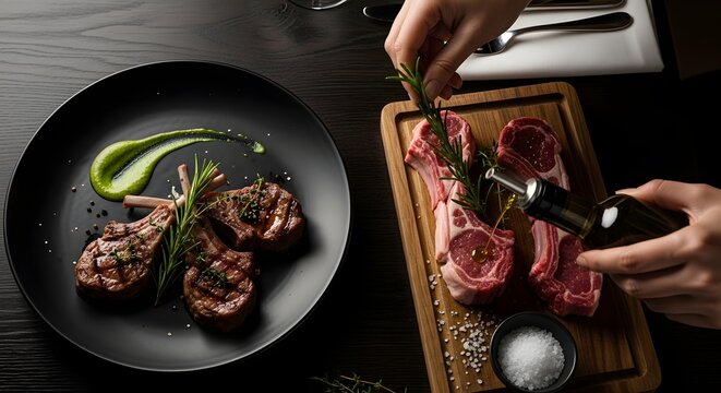 Close Up Hands Adding a Finishing Touch to Gourmet Grilled Lamb with Oil and Rosemary

