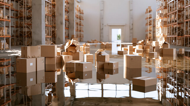 Floodwater Covers a Warehouse Floor Around Scattered Cardboard Boxes