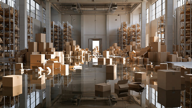 Warehouse Inventory Is Surrounded by Standing Water and Wet Flooring