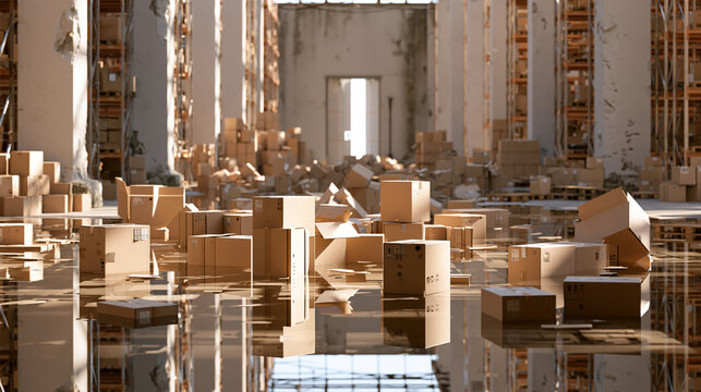 Shipping Cartons Stand in Deep Puddles Inside a Damaged Storage Facility