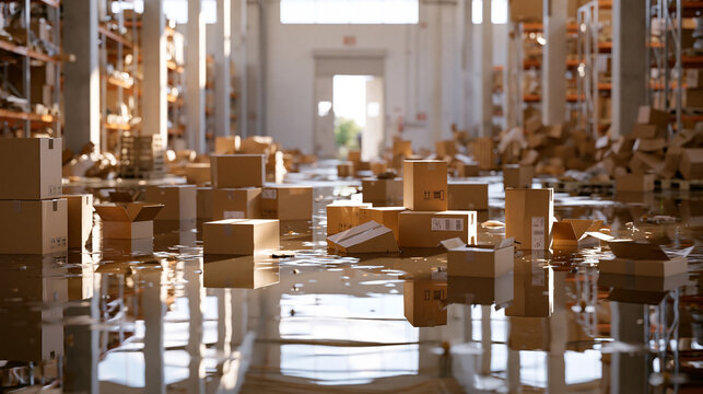 Industrial Shelving and Packages Reflect in Water After Indoor Flooding