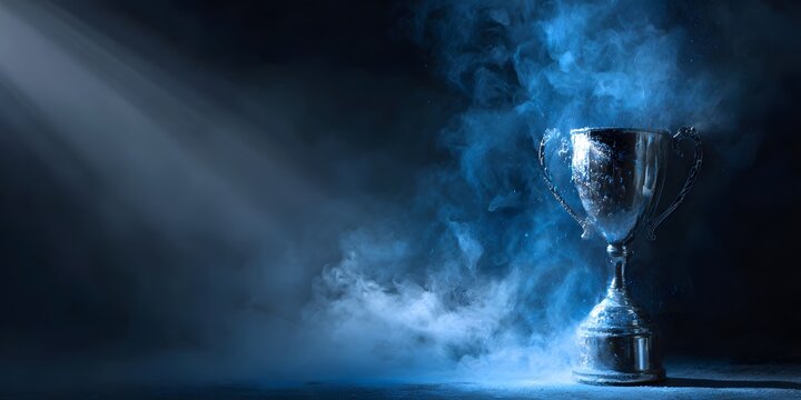 Silver trophy cup glowing in dramatic blue smoke and beam of light
