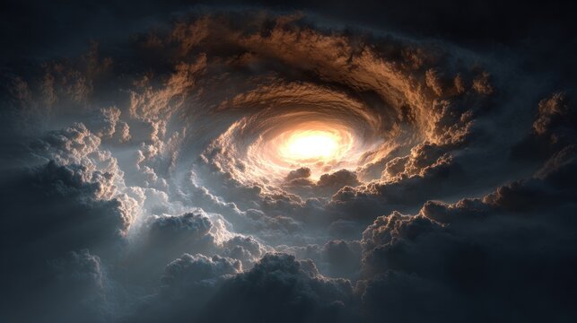 Dramatic swirling clouds illuminated by sunlight