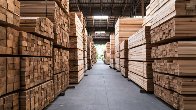 Wooden Boards Are Sorted by Size Across an Organized Storage Facility