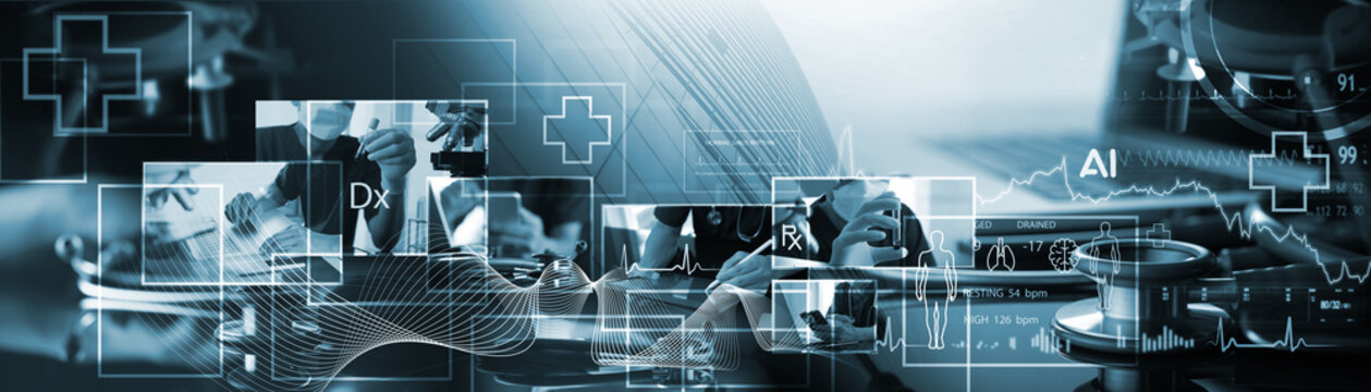 Concept of Medical technology service. Healthcare and medicine with professional team with AI technology assistant, laboratory research and development, innovation medical tech background