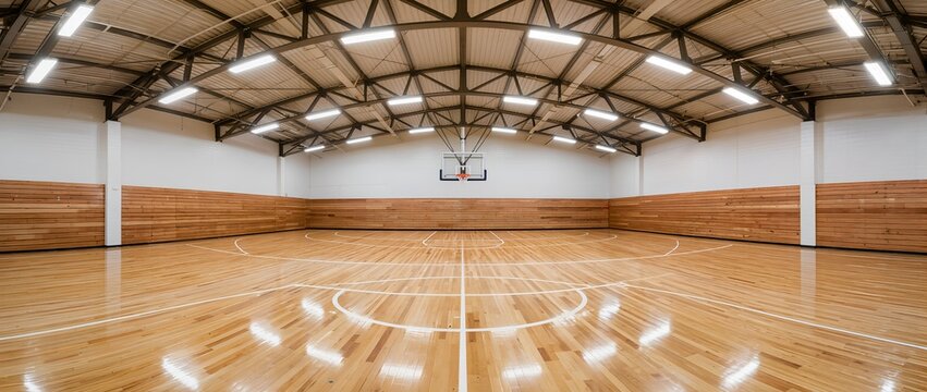 Empty School Gymnasium Interior with Basketball Hoop and Polished Wood Floor
