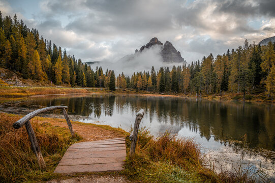 Lake Antorno (Lago di Antorno) Dolomites. Tre Cime di Lavaredo. Scenic autumn morning scenery with colorful sky . Travel destination, Italy