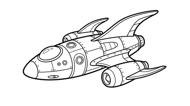Retro-styled spaceship illustration, black outline on white background, graphic element for design