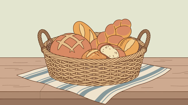 Rustic wicker basket filled with assorted bread loaves on a striped cloth, flat design illustration
