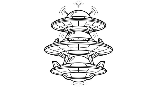 Stylized black and white line art illustration of three stacked alien flying saucers with antennae and dotted lines indicating movement.