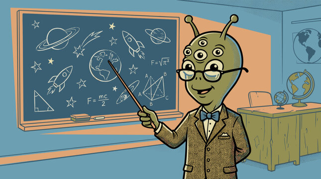 Stylized retro alien professor teaching science with a pointer at a chalkboard filled with space and math.