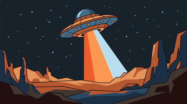 A classic flying saucer hovers over a rocky alien landscape, emitting a bright beam of light into the starry night sky.