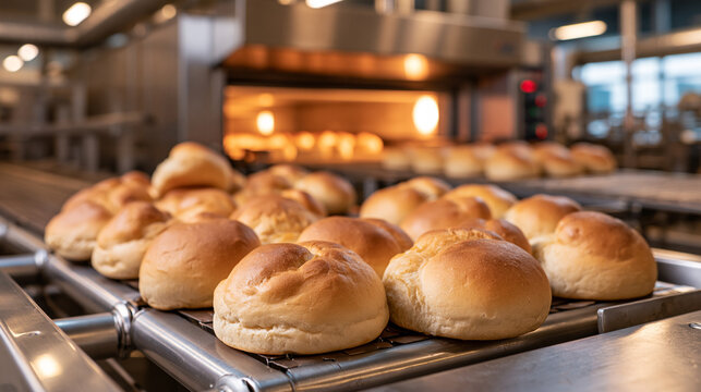 Fresh Bread Rolls Move from a Hot Industrial Oven on a Conveyor