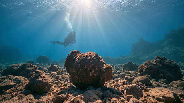 Archaeological Artifact Sits on the Ocean Floor Surrounded by Rough Rocks
