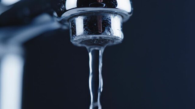 Close-up of clean water flowing from a chrome metal faucet spout on dark background