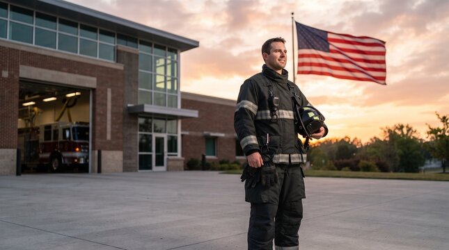 Male firefighter in full uniform stands confidently holding his helmet in front of a modern fire station with a large American flag waving in the background during a beautiful sunset.