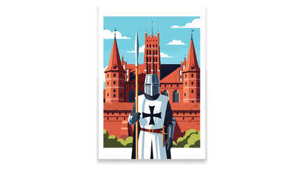 Naklejka premium Medieval Teutonic Knight Guarding Red Brick Castle