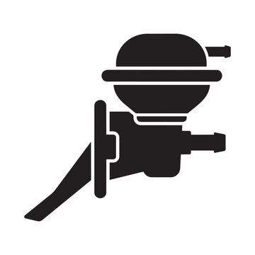 A detailed black silhouette icon representing an old fashioned mechanical fuel pump or carburetor