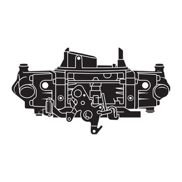 Detailed black silhouette of a vintage automotive carburetor component on a plain white background