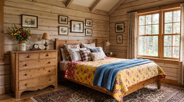 Cozy Log Cabin Bedroom with Colorful Floral Quilt