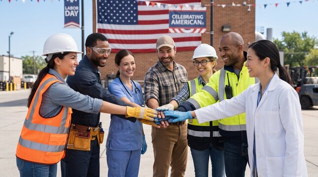 A diverse group of essential workers from various professions huddle together, stacking their gloved hands in a gesture of unity and teamwork, celebrating American labor under a large flag.