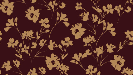 Obraz premium Floral seamless pattern features brown wildflowers silhouettes on a dark red background. The flowers have a painterly, slightly abstract quality