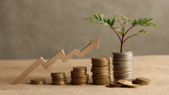 Coins arranged beside a growth arrow and green plant symbolizing financial growth, investment success, wealth accumulation, business profit, savings, economic progress, financial planning, money manag