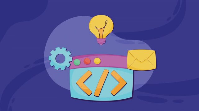 Dynamic animation of a web development window with coding symbols, lightbulb, gear, and envelope icons, representing innovation and digital communication.