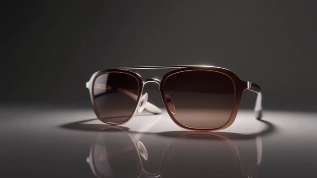 Modern aviator sunglasses with gradient lenses resting on a reflective surface within motion video clip animation