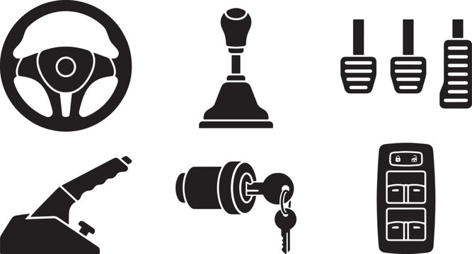 Set of black car interior control icons including steering wheel gear shift pedals and ignition key