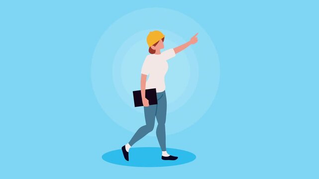 Female architect wearing hard hat pointing forward holding folder in professional motion graphic animation.