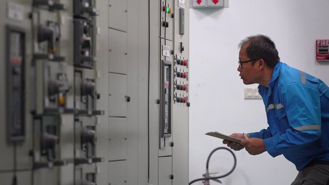 Electrical engineer measuring and inspecting electrical power data from a control panel inside a substation building, representing power monitoring, electrical maintenance, energy management, and indu