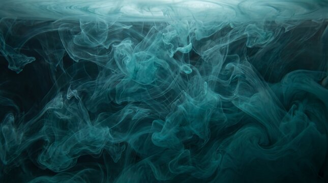 Teal ink diffusing in dark water creating ethereal swirling smoke-like patterns with fluid organic movement and mystery