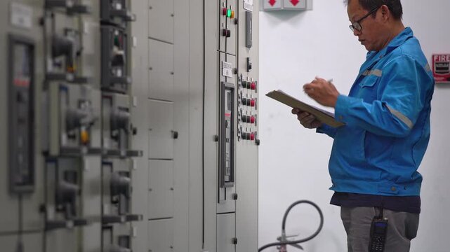 Professional electrical engineer checking voltage, current, power, and electrical system parameters at a substation control panel, demonstrating safe inspection, power system maintenance, monitoring, 