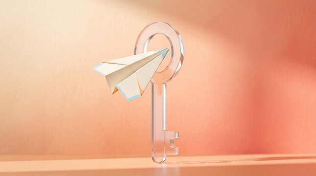 Paper airplane flying through transparent glass key loop, symbolizing key to success, message transmission, and creative solution
