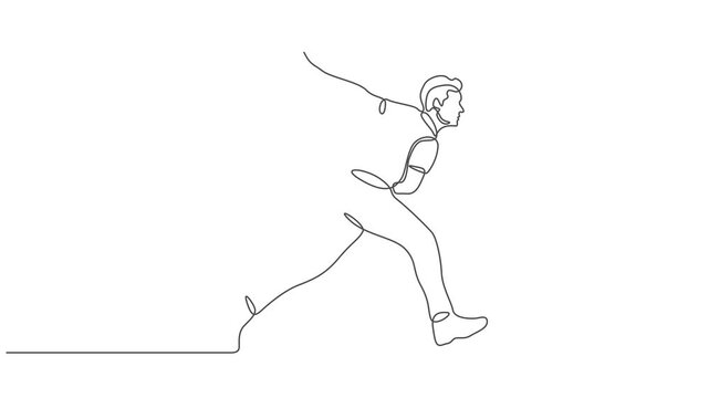 Continuous line art animation of a cricket fielder throwing a ball during a match.