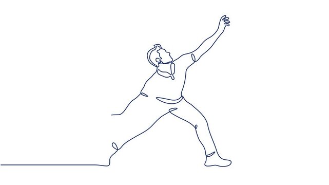 Continuous blue line art animation of a cricket player throwing a ball during a game.