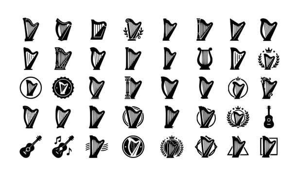 Classical harp and string instrument music icon set featuring lyric lyre acoustic guitars orchestra emblems and musical badges for entertainment branding website interface application audio presentati